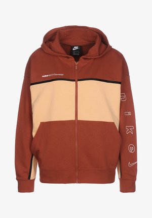 Nike Zip-Hoodie in Rost und Beigefarben, mit einem Farbschema-Design, aus weichem Stoff, mit Kapuze und schwarzen Akzenten sowie Logo auf dem Ärmel.