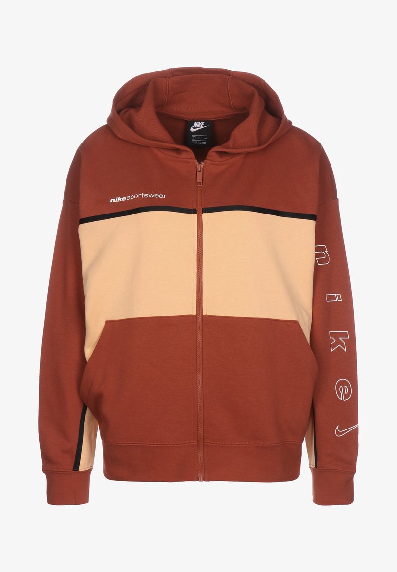Nike zip-up hoodie in rust and beige, featuring a color-block design, soft fabric, hood, and black accents with logo on the sleeve.