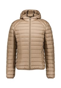 Chaqueta acolchada marrón claro con capucha, cremallera frontal completa, mangas largas y dos bolsillos laterales.