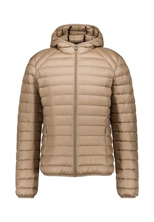 Giacca a piumino trapuntata color marrone chiaro con cappuccio, cerniera frontale completa, maniche lunghe e due tasche laterali.