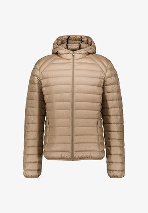 Giacca a piumino trapuntata color marrone chiaro con cappuccio, cerniera frontale completa, maniche lunghe e due tasche laterali.