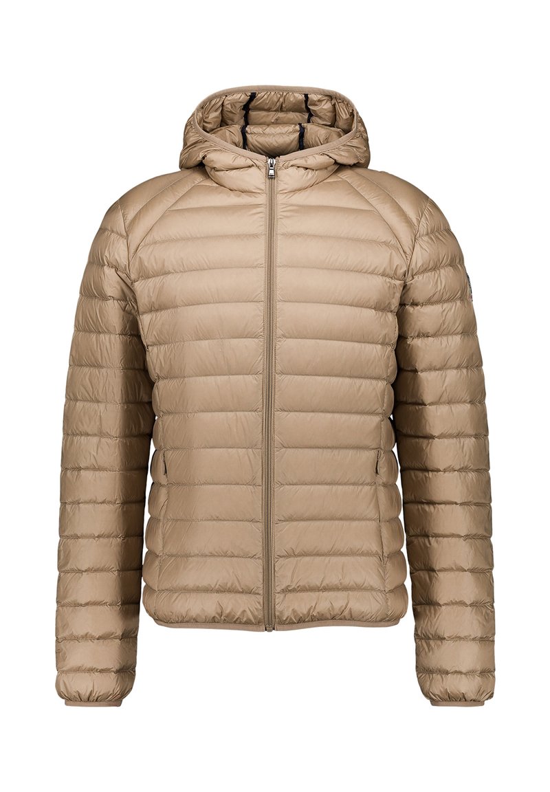 Chaqueta acolchada marrón claro con capucha, cremallera frontal completa, mangas largas y dos bolsillos laterales.