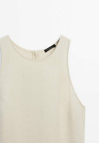 Haut sans manches beige en lin. Présente un col rond, une fermeture arrière avec une goutte d'eau, et des coutures simples et soignées. Design minimaliste.