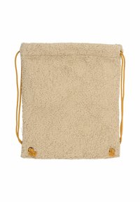Bolsa de cordón beige hecha de tela texturizada, con cordón amarillo y ojales en las esquinas para el cierre. Forma cuadrada, superficie suave.