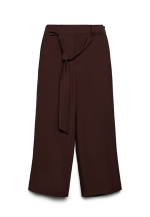 Pantaloni marroni a gamba larga con vita alta, realizzati in tessuto strutturato e dotati di una lunga cintura da annodare in vita.
