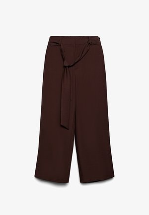 Pantaloni marroni a gamba larga con vita alta, realizzati in tessuto strutturato e dotati di una lunga cintura da annodare in vita.