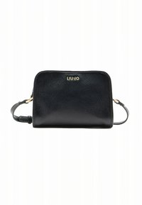 Black textured leather handbag with a rectangular shape, featuring a gold logo, zip closure, and an adjustable strap.