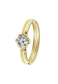 Bague en or présentant une pierre précieuse ronde et transparente sertie dans un design floral à six griffes, sur une bande polie. Surface lisse et finition brillante.