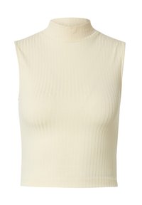 Ribbed, sleeveless turtleneck top in light beige. Soft material with a fitted design, featuring a high neck and cropped length.
