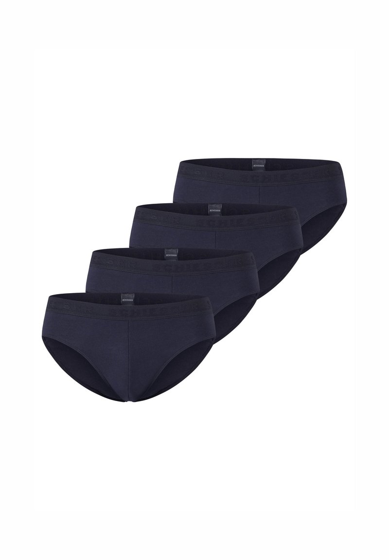 Quattro paia di mutande di cotone blu navy con una trama liscia e una fascia elastica morbida che presenta un motivo con logo ripetuto.