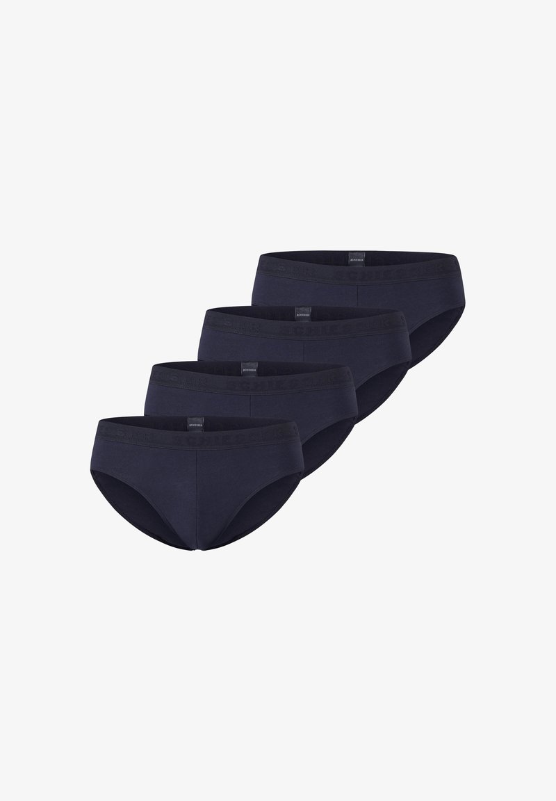 Quattro paia di mutande di cotone blu navy con una trama liscia e una fascia elastica morbida che presenta un motivo con logo ripetuto.