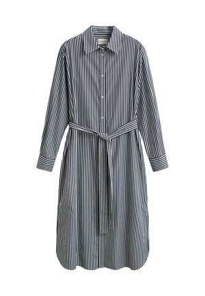 Long-sleeve knee-length shirt dress with vertical navy and white stripes, button-down front, collar, and matching fabric belt at the waist.