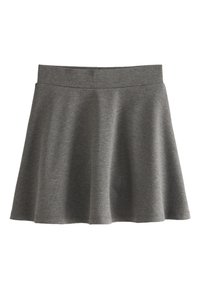 Jupe droite tricotée grise avec une large ceinture et une texture lisse, présentée sur fond blanc.