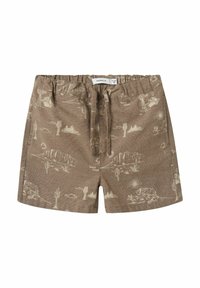 Shorts marron en tissu doux avec un imprimé de paysage désertique mettant en avant des cactus, des montagnes et un soleil. Taille élastique avec détail de cordon.