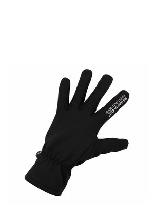 Guante negro para exteriores con muñeca elástica y texto blanco "Regatta Great Outdoors" en el dedo índice.