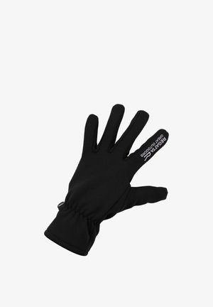 Guante negro para exteriores con muñeca elástica y texto blanco "Regatta Great Outdoors" en el dedo índice.