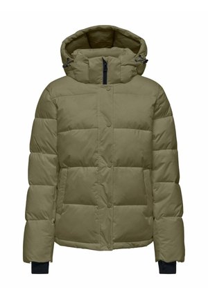 Olivenfarvet pufferjakke med hætte, der har lynlås og knapper, quiltet design og kontrastdetaljer ved manchetterne.