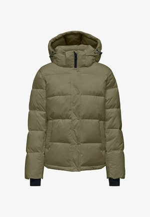 Giacca imbottita verde oliva con cappuccio, dotata di chiusura con zip e bottoni, design trapuntato e dettagli a contrasto nei polsini.