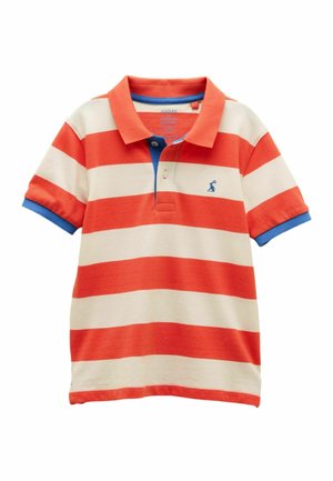 Kurzärmeliges Poloshirt mit breiten orangefarbenen und cremefarbenen horizontalen Streifen, blauer Einfassung an Ärmeln und Kragenleiste sowie kleinem blauem Hasenlogo auf der Brust.