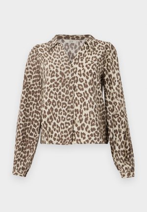 Halenka s leopardím vzorem v béžové a hnědé barvě, s límečkem, dlouhými rukávy a zapínáním na knoflíky. Měkký materiál s jemným leskem a pohodlným střihem.