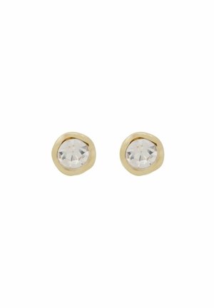 Gold-tone stud earrings featuring clear, faceted stones in a rounded design with a textured bezel setting.