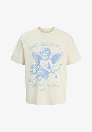 Cream cotton t-shirt featuring a blue graphic of an angel with wings, holding a bow and arrow. Text reads "LOCK&LOAD" and "Shoot For the Stars."