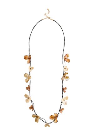 Long black cord necklace with alternating small and medium amber-colored flower-shaped beads spaced along it.