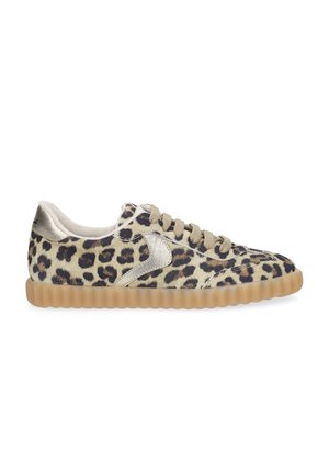 Sneaker with leopard print, beige laces, metallic gold heel and logo, and a translucent ribbed light brown sole on a white background.