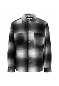 Black and white plaid shirt made of soft fabric, featuring a point collar, two chest pockets, and snap-button closure. Textured pattern throughout.
