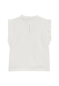 White sleeveless blouse, featuring ruffled edges, a keyhole back closure, and a soft, lightweight texture. Simple, classic design.