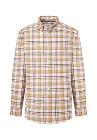 Camicia a maniche lunghe con bottoni in un motivo a quadri marrone, giallo e bianco. Caratterizzata da un colletto classico e una piccola tasca sul petto. Tessuto in misto cotone.
