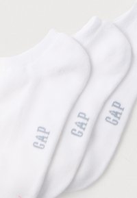 Weiße Baumwollfüsslinge mit geripptem Muster, an der Seite mit "GAP" in Hellgrau bedruckt. Drei Paar sind abgebildet.