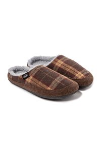 Par de zapatillas de cuadros marrones tipo slip-on con suave forro de felpa gris y suelas negras, dispuestas una al lado de la otra sobre un fondo blanco.