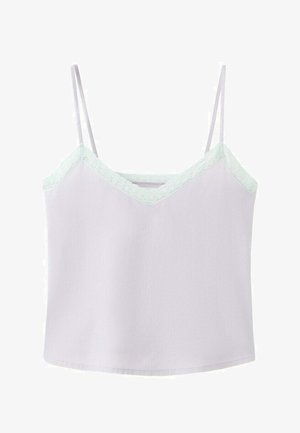 Light lavender camisole with thin straps and delicate white lace trim along the V-neckline and upper edge.