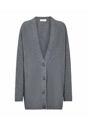Cardigan grigio a coste con maniche lunghe, scollo profondo a V e quattro bottoni frontali, progettato per un uso casual.