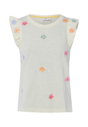 Mouwloze crèmekleurige top met gerafelde schouders en meerkleurig geborduurde bloemen verspreid over de voorkant en mouwen.