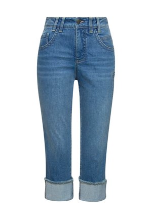 Modré džíny s cropped střih, vysokým pasem, pěti kapsami, ohrnutými manžetami a kontrastním švem. Hladká textura s klasickým střihem.