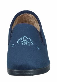 Navy blue slip-on slipper with light blue floral embroidery on top and soft brown furry lining inside.