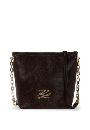 Brown leather handbag with a textured finish, gold chain strap, and a logo accent. Sleek, structured shape with zipper closure.