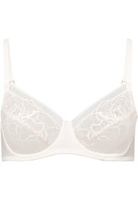 Valkoinen pitsinen rintaliivi, jossa on verkkomaisia paneeleita, jämäkkä muotoilu, säädettävät olkaimet ja koukku- ja silmukkakiinnitys takana.