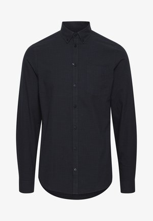 Langermet skjorte med knapper i mørkeblå rutete mønster, med en brystlomme og klassisk krage. Stoffet ser jevnt og strukturelt ut.