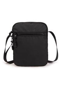 Borsa a tracolla nera con tasca frontale con zip, realizzata in tessuto resistente. Presenta un design rettangolare semplice e una tracolla regolabile.