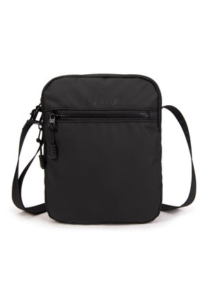 Borsa a tracolla nera con tasca frontale con zip, realizzata in tessuto resistente. Presenta un design rettangolare semplice e una tracolla regolabile.