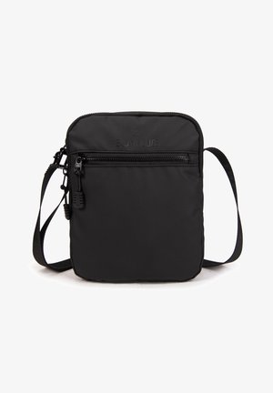 Borsa a tracolla nera con tasca frontale con zip, realizzata in tessuto resistente. Presenta un design rettangolare semplice e una tracolla regolabile.
