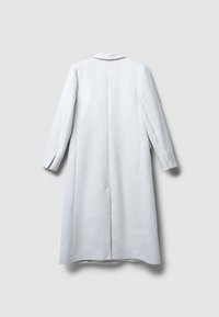 Cappotto lungo grigio chiaro in tessuto morbido, con colletto classico, maniche lunghe e spacco centrale posteriore per facilitare il movimento.