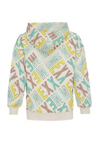 Mikina s kapucí na béžovém pozadí, zdobená geometrickým vzorem v mátově zelené, žluté a hnědé barvě, text se nachází v různých orientacích.