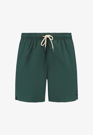 Zaļi peldšorti ar elastīgu jostu, bēša saiti un sānu kabatām. Ar mazu logotipu apakšējā kreisajā stūrī.