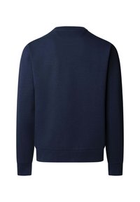 Felpa blu navy a maniche lunghe con polsini e orlo a coste, mostrata di spalle su sfondo bianco.