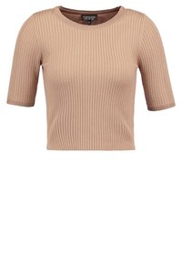 Krótki rękaw, prążkowany crop top w jasnym beżowym kolorze. Posiada okrągły dekolt i dopasowany design. Gładka tekstura z subtelnym strechem.
