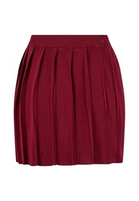 Burgundská skládací sukně s žebrovaným pasem, vyrobená z měkké tkaniny. Má pravidelně rozložené sklady, které vytvářejí plný siluetu.